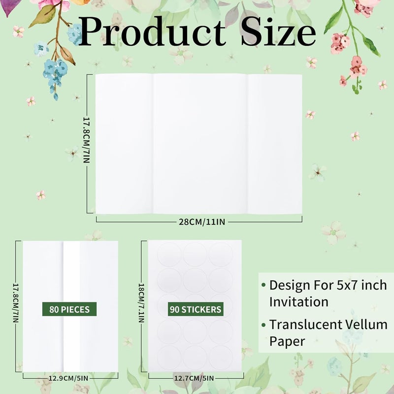 PENPRIS 80 Pcs Pre-Folded Vellum Jackets for 5x7 Invitations - Bulk Transparent Paper Envelope Liners with 90 Sealing Stickers for Wedding Birthdays Baby Showers Invitations PAP10MX2 - Image 2